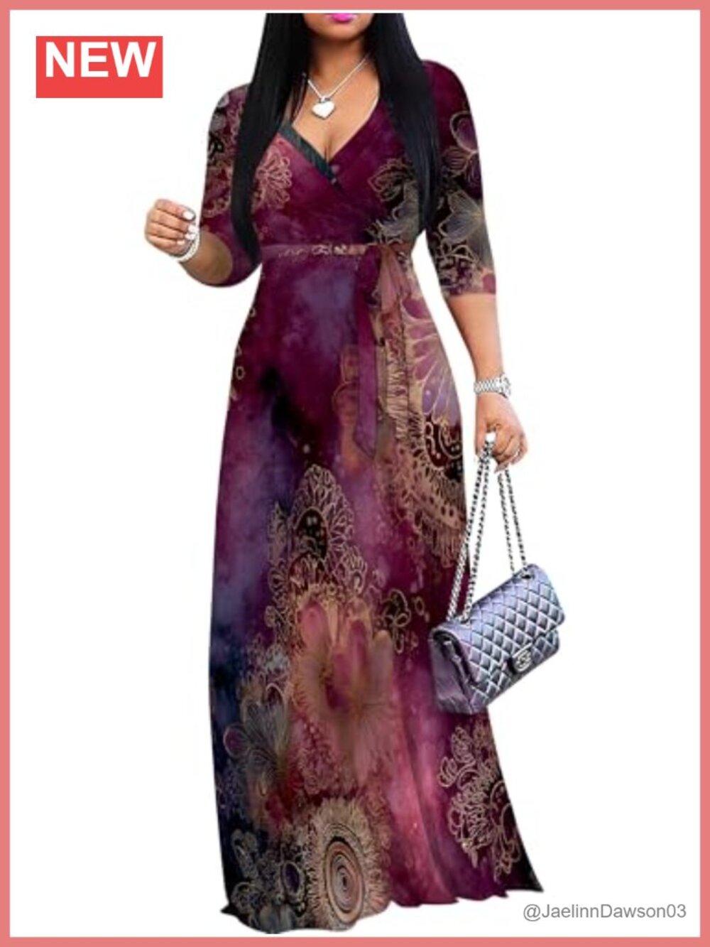 Women's Plus Size V Neck 3/4 Sleeve Wrap Maxi Dress with Belt